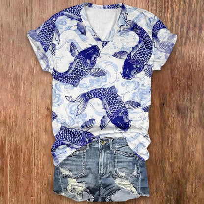 Fortune Koi Oil Painting Art Print V-neck T-shirt - White - 5XL - image 1