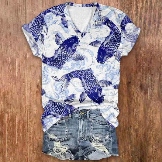 Fortune Koi Oil Painting Art Print V-neck T-shirt - White - 5XL - image 1