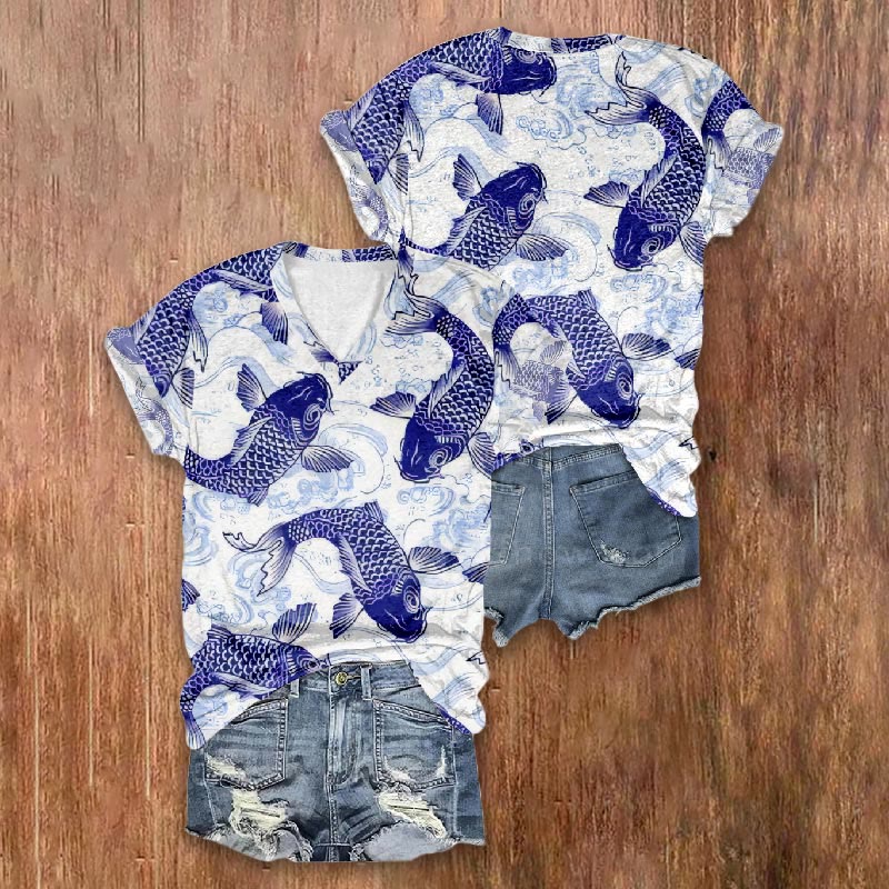 Fortune Koi Oil Painting Art Print V-neck T-shirt - image 2
