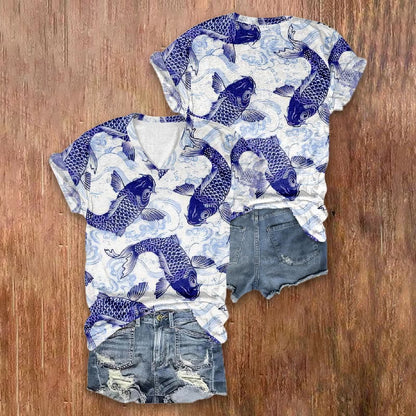 Fortune Koi Oil Painting Art Print V-neck T-shirt - image 2