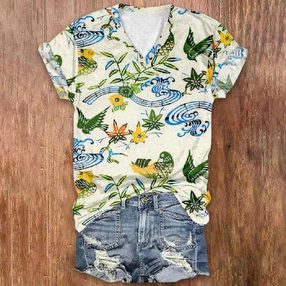 Bueatiful View With Birds And Plants Print V-neck T-shirt - Beige - 5XL - image 1