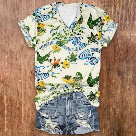 Bueatiful View With Birds And Plants Print V-neck T-shirt - Beige - 5XL - image 1