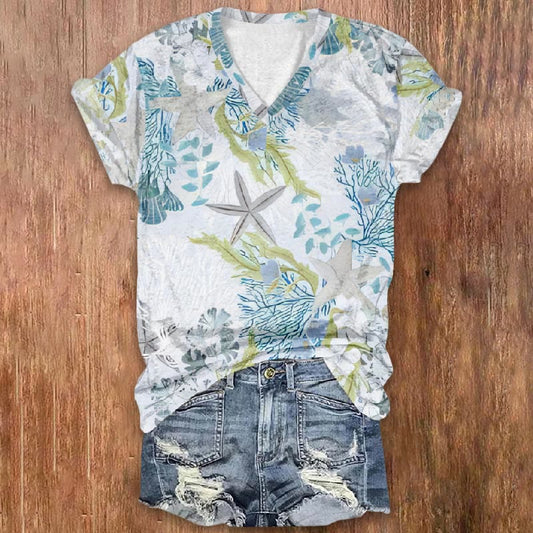 Lovely Starfish Shuttling Marine Plants Art Print Short Sleeve V-neck T-shirt - Light Gray - 5XL - image 1