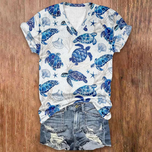 Ombre Lovely Sea Turtles Casul Print V-neck Short Sleeve T-shirt - White - 5XL - image 1