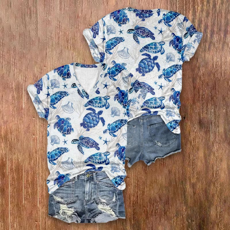Ombre Lovely Sea Turtles Casul Print V-neck Short Sleeve T-shirt - image 2