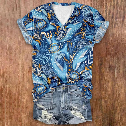 Baby Whales With Colorful Plants Art Print V-neck T-shirt - Blue - 5XL - image 1