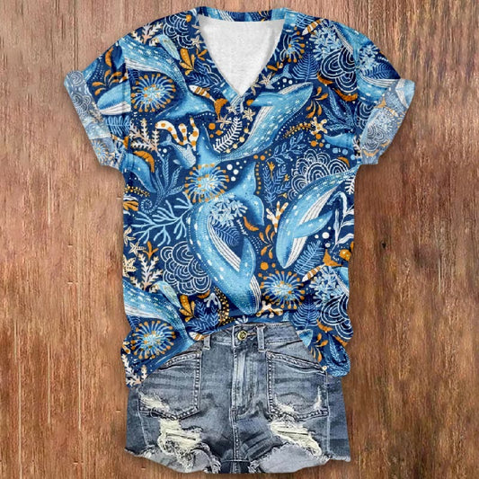 Baby Whales With Colorful Plants Art Print V-neck T-shirt - Blue - 5XL - image 1