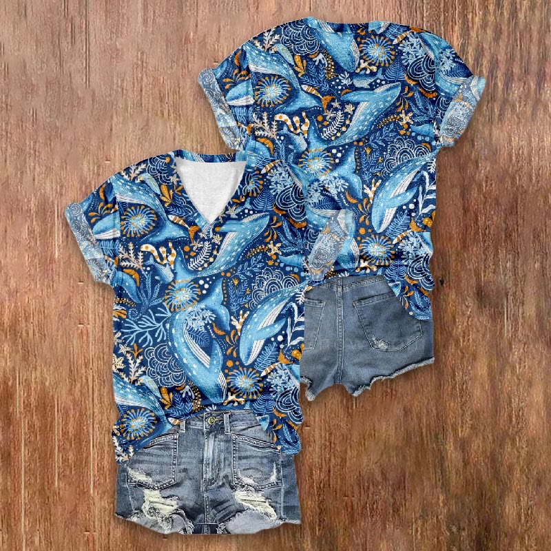 Baby Whales With Colorful Plants Art Print V-neck T-shirt - image 2