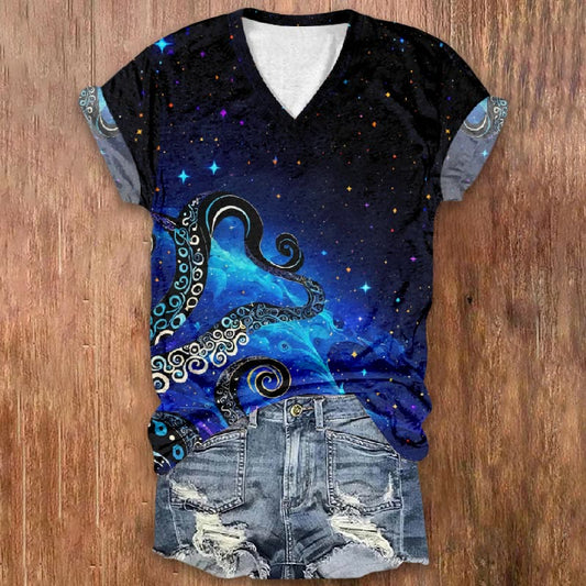 Fantasy Colorful Stars And Octopus Tentacles In The Ombre Sky Art Print V-neck T-shirt - Black - 5XL - image 1