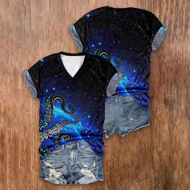 Fantasy Colorful Stars And Octopus Tentacles In The Ombre Sky Art Print V-neck T-shirt - image 2