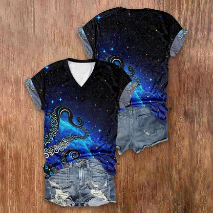 Fantasy Colorful Stars And Octopus Tentacles In The Ombre Sky Art Print V-neck T-shirt - image 2