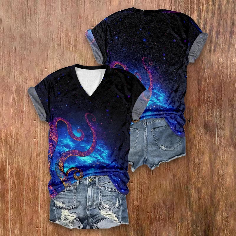 Ombre Sky And Wonderful Octopus Tentacles Art Print V-neck T-shirt - image 2