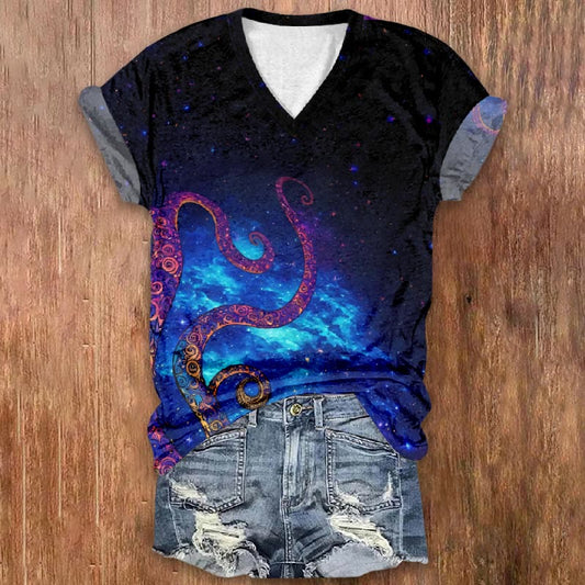 Ombre Sky And Wonderful Octopus Tentacles Art Print V-neck T-shirt - Black - 5XL - image 1