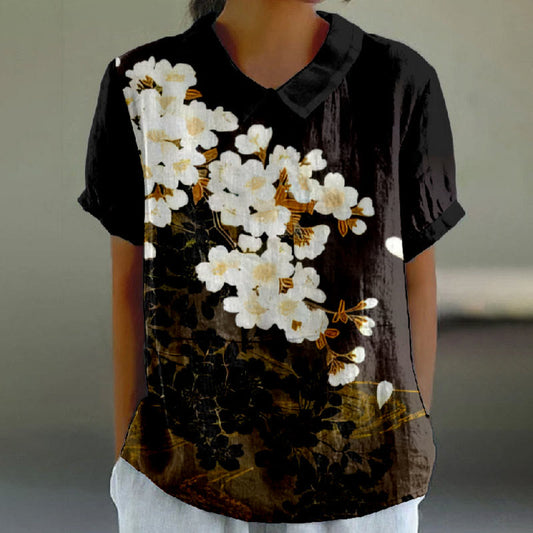 Women's Blossom White Daisy Art Print Casual Lapel Loose Blouse - Black - 6XL - image 1