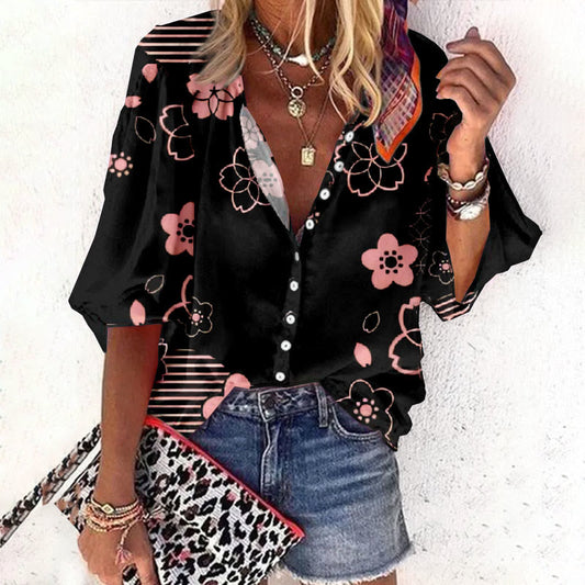 Women's Watercolor Painting Pinky Flowers Art Casual 3/4 Sleeve Blouse - Black - 6XL - image 1