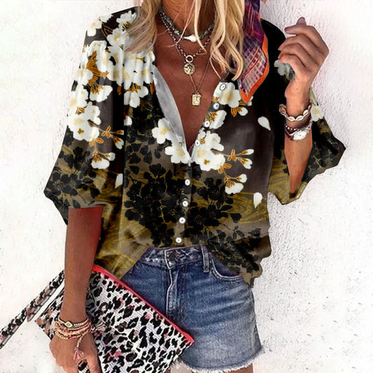 Women's Summer Blossom White Daisy Art Print Casual 3/4 Sleeve Blouse - Black - 6XL - image 1