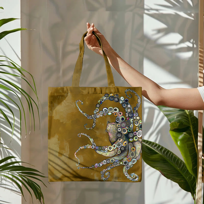 Colorful Octopus Oil Painting Print Bag - Khaki - one size - image 5