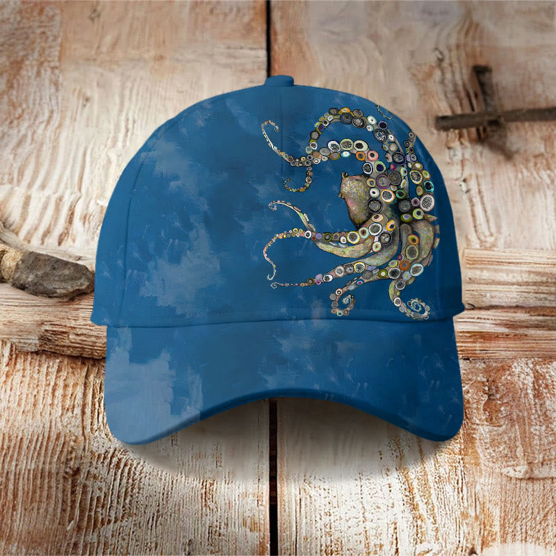 Colorful Octopus Oil Painting Print Cap - Blue - one size - image 4