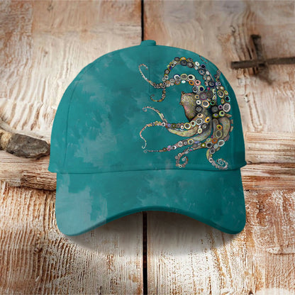 Colorful Octopus Oil Painting Print Cap - Green - one size - image 1