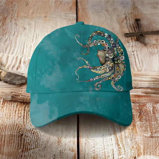 Colorful Octopus Oil Painting Print Cap - Green - one size - image 1