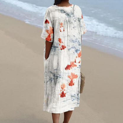 Women's Watercolor Painting Ornamental Goldfish Art Printed Short-sleeved Midi Dress - image 2