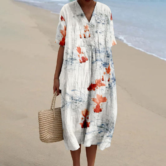 Women's Watercolor Painting Ornamental Goldfish Art Printed Short-sleeved Midi Dress - White - 5XL - image 1