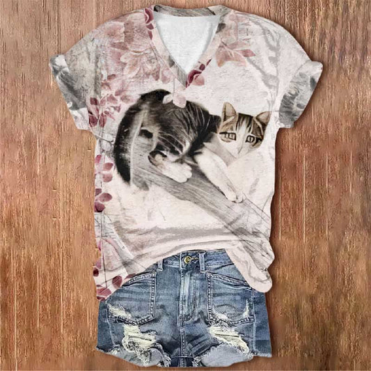 A Cat On The Sakura Tree Art Print V-neck T-shirt - Pink - 5XL - image 1