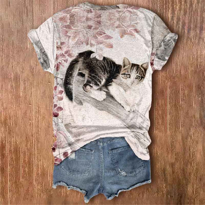 A Cat On The Sakura Tree Art Print V-neck T-shirt - image 2