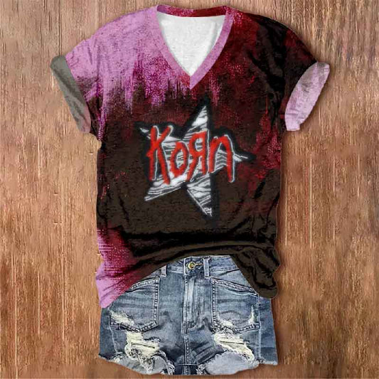 Women's Hollowing Style Star Pattern Korn Art Print V-neck T-shirt - Wine - 5XL - image 1