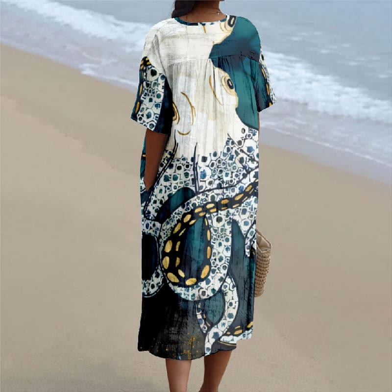 Japanese Dark Green Octopus Art Print V-neck Short Sleeved Casual Midi Dress - image 2