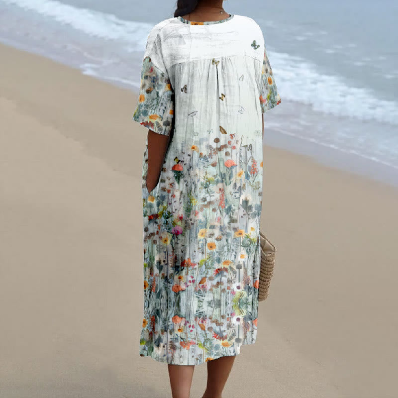 Women's Oil Painting Colorful Begonia Flowers Art Print V-neck Short Sleeved Casual Midi Dress - image 2