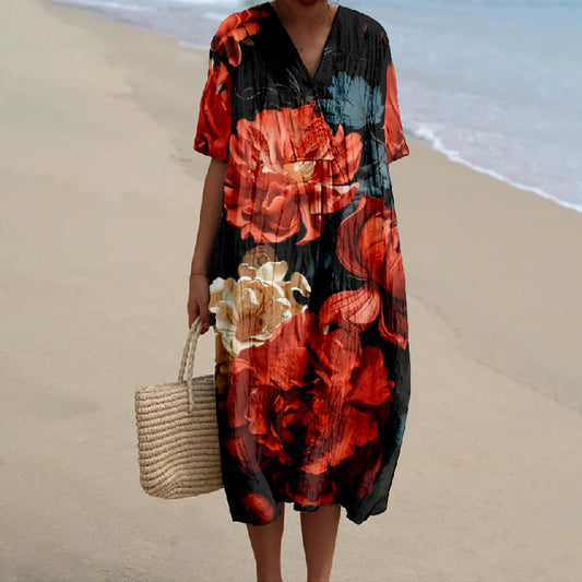 Women's Fantasy Oil Painting Rose Blossom Print V-neck Short Sleeved Casual Midi Dress - Orange - 6XL - image 1