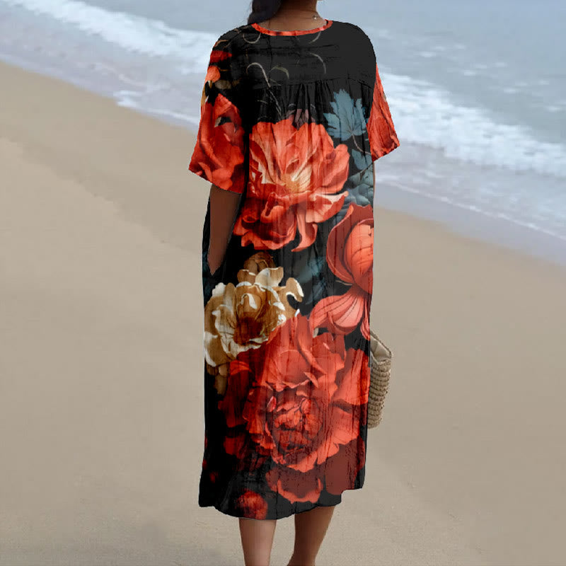 Women's Fantasy Oil Painting Rose Blossom Print V-neck Short Sleeved Casual Midi Dress - image 2