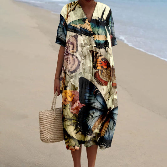 Women's Summer Colorful Butterfly Art Print V-neck Short Sleeved Casual Midi Dress - Multicolor - 6XL - image 1
