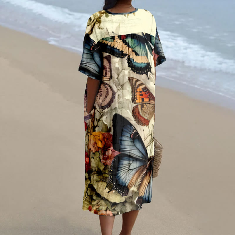 Women's Summer Colorful Butterfly Art Print V-neck Short Sleeved Casual Midi Dress - image 2