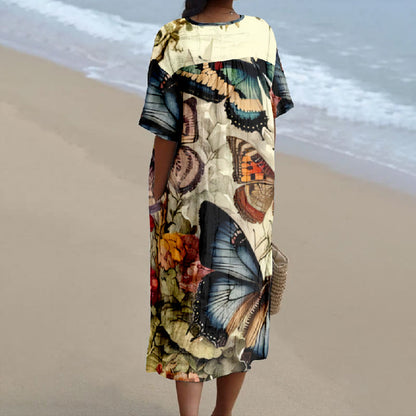 Women's Summer Colorful Butterfly Art Print V-neck Short Sleeved Casual Midi Dress - image 2