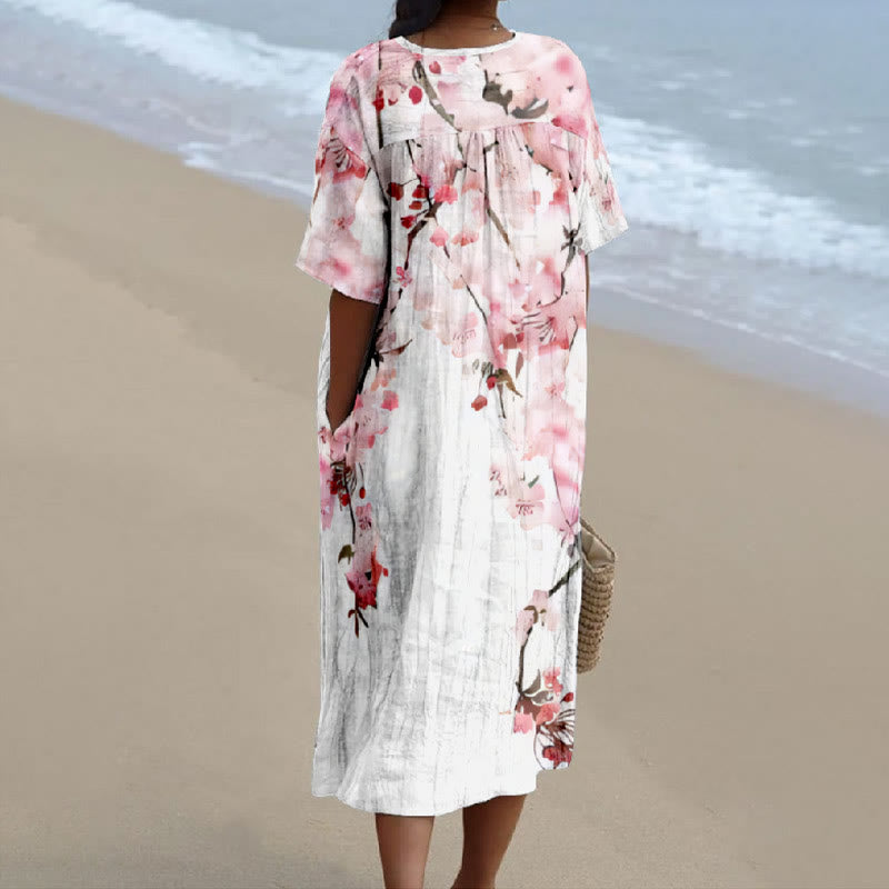 Women's Oil Painting Lovely Japanese Sakura Art Print V-neck Short Sleeved Casual Midi Dress - image 2