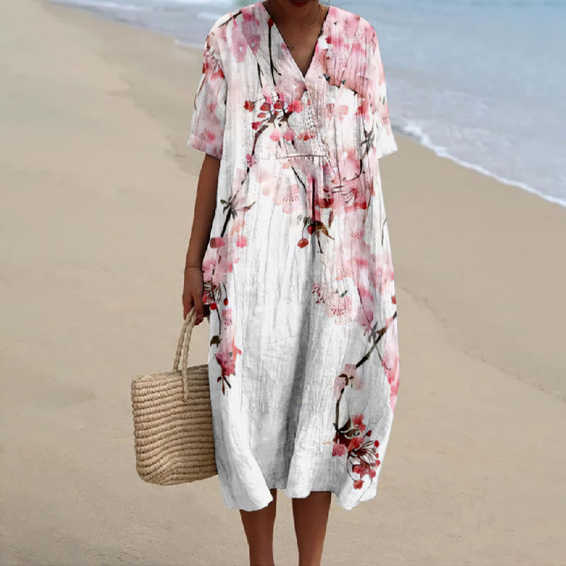 Women's Oil Painting Lovely Japanese Sakura Art Print V-neck Short Sleeved Casual Midi Dress - Pink - 6XL - image 1