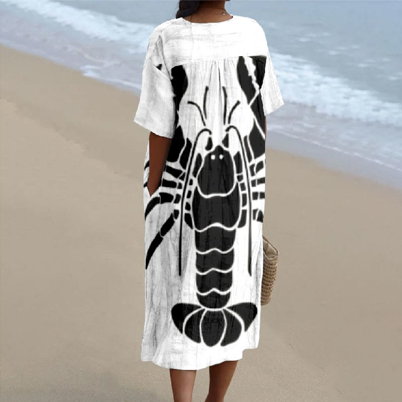 Women's Ink Watercolor Cute Lobster Print V-neck Short Sleeved Casual Midi Dress - image 2