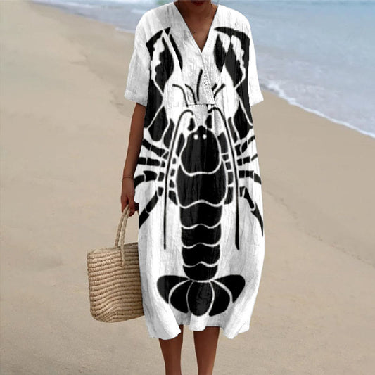 Women's Ink Watercolor Cute Lobster Print V-neck Short Sleeved Casual Midi Dress - White - 6XL - image 1