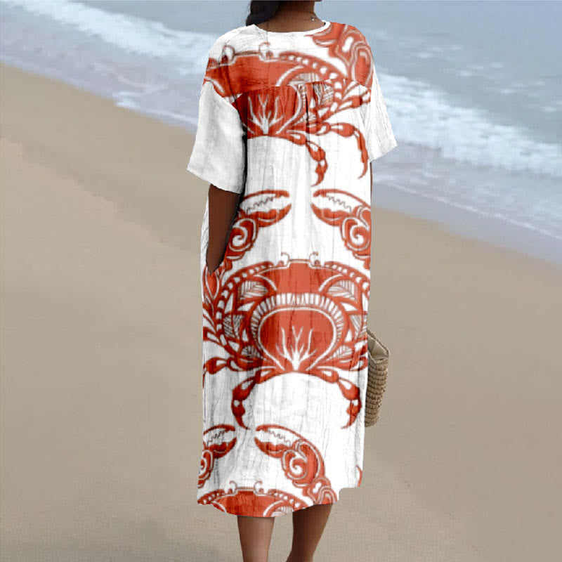 Women's Funny Reb Crab Art Print V-neck Short Sleeved Casual Midi Dress - image 2