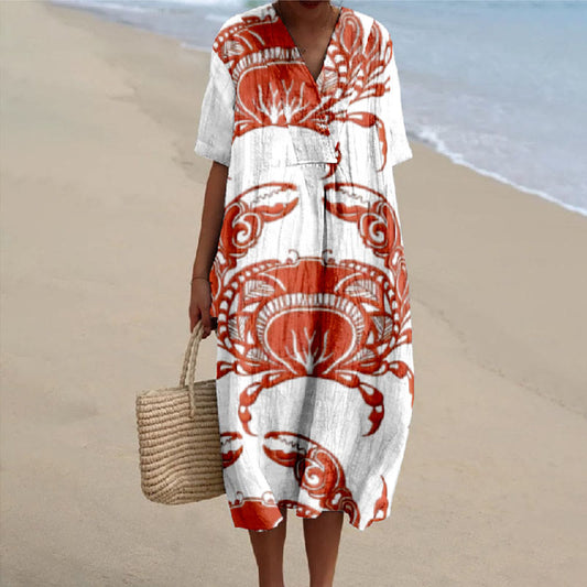 Women's Funny Reb Crab Art Print V-neck Short Sleeved Casual Midi Dress - Red - 6XL - image 1