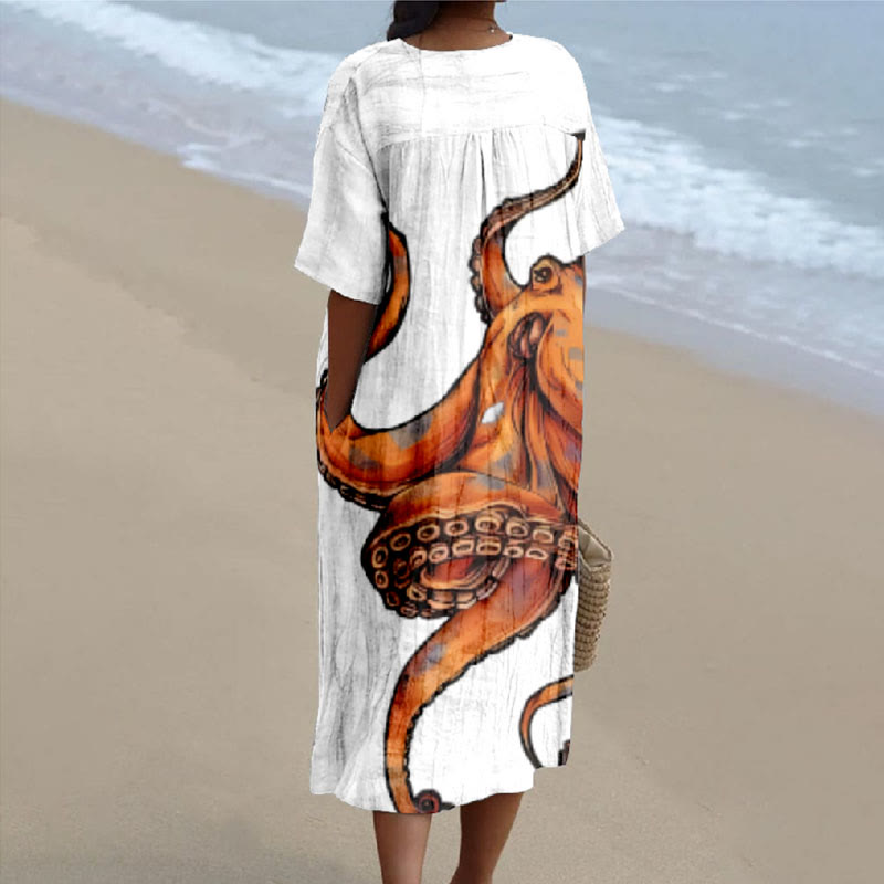 Women's Oil Painting Funny Octopus Tentacles Art Print V-neck Short Sleeved Casual Midi Dress - image 2