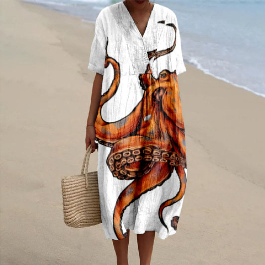 Women's Oil Painting Funny Octopus Tentacles Art Print V-neck Short Sleeved Casual Midi Dress - White - 6XL - image 1