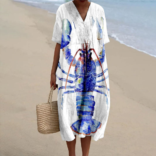 Women's Vivid Big Blue Lobster Art Print V-neck Short Sleeved Casual Midi Dress - Blue - 6XL - image 1