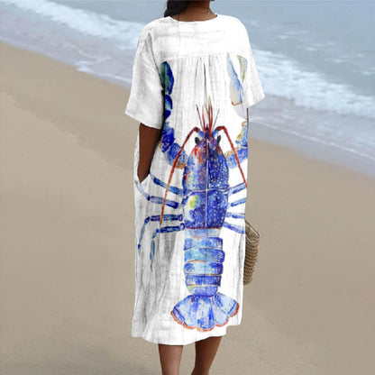 Women's Vivid Big Blue Lobster Art Print V-neck Short Sleeved Casual Midi Dress - image 2