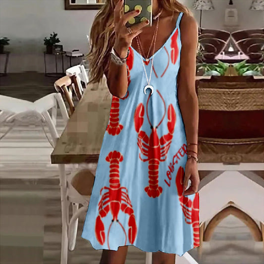 Women's Creative Big Red Lobster Art Print Slip dress - Light Blue - 8XL - image 1
