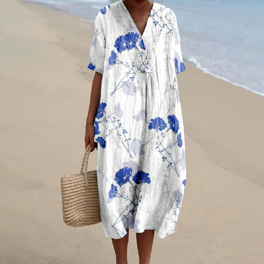 Women's Watercolor Blue Dandelion Art Print V-neck Short Sleeved Casual Midi Dress - White - 5XL - image 1