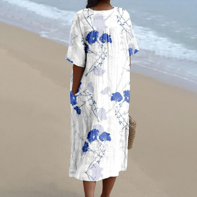Women's Watercolor Blue Dandelion Art Print V-neck Short Sleeved Casual Midi Dress - image 2