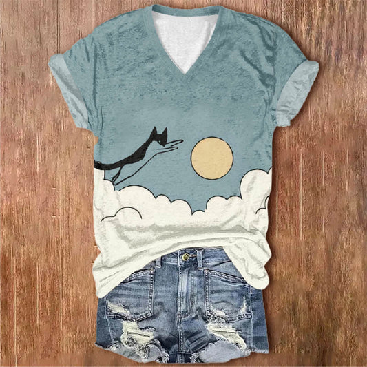 Women's Creative Flying Cat Catching Moon Print V-neck Short-sleeved T-shirt - Green - 5XL - image 1